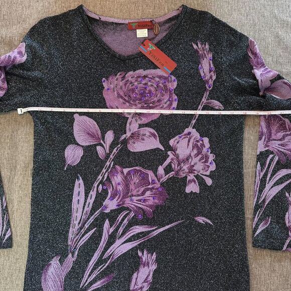 NWT Vtg Elegant Sequins Floral Shimmering Black & Purple Violet Long Sleeve Top - Picture 4 of 10